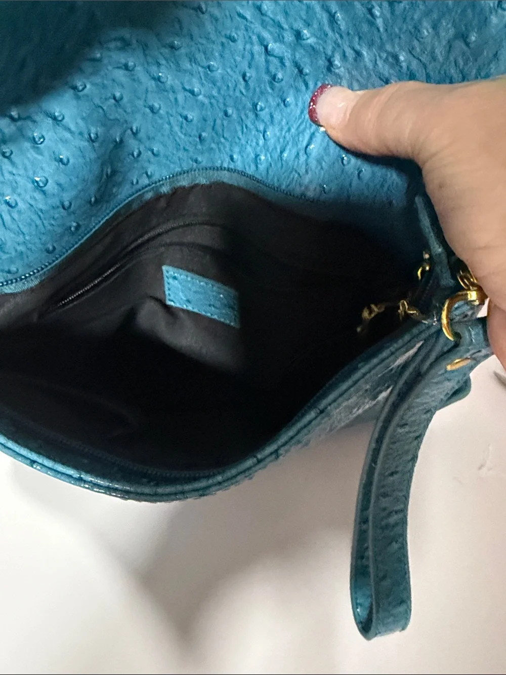 UE Teal Patent Wristlet Clutch with Gold Buckles